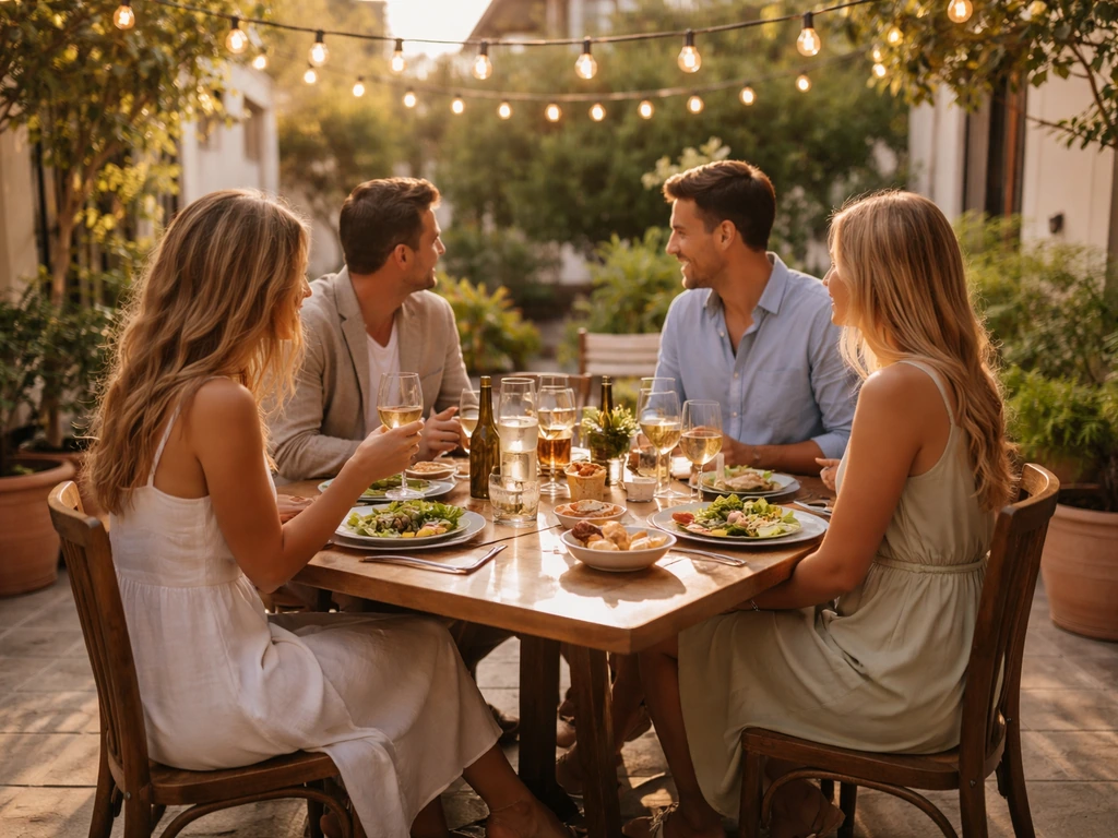 People dining on a sunlit outdoor patio in stylish outfits, warm and inviting atmosphere.