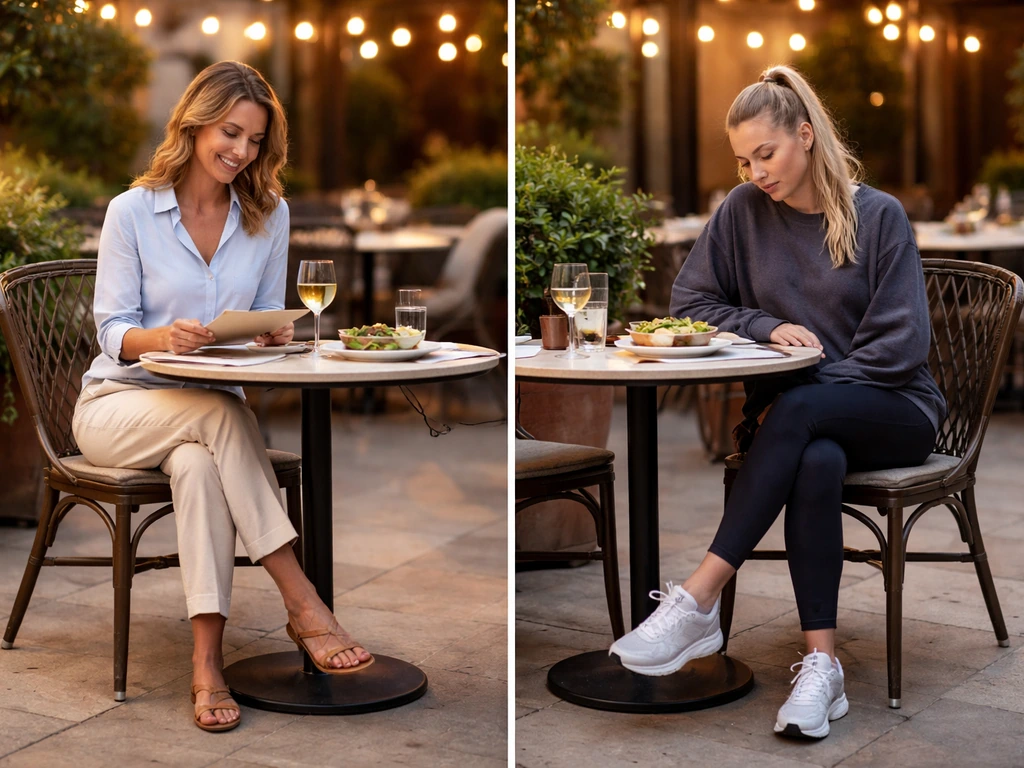Smart-casual dinner patio with one outfit contrasted against clearly gym-wear in an outdoor restaurant setting.