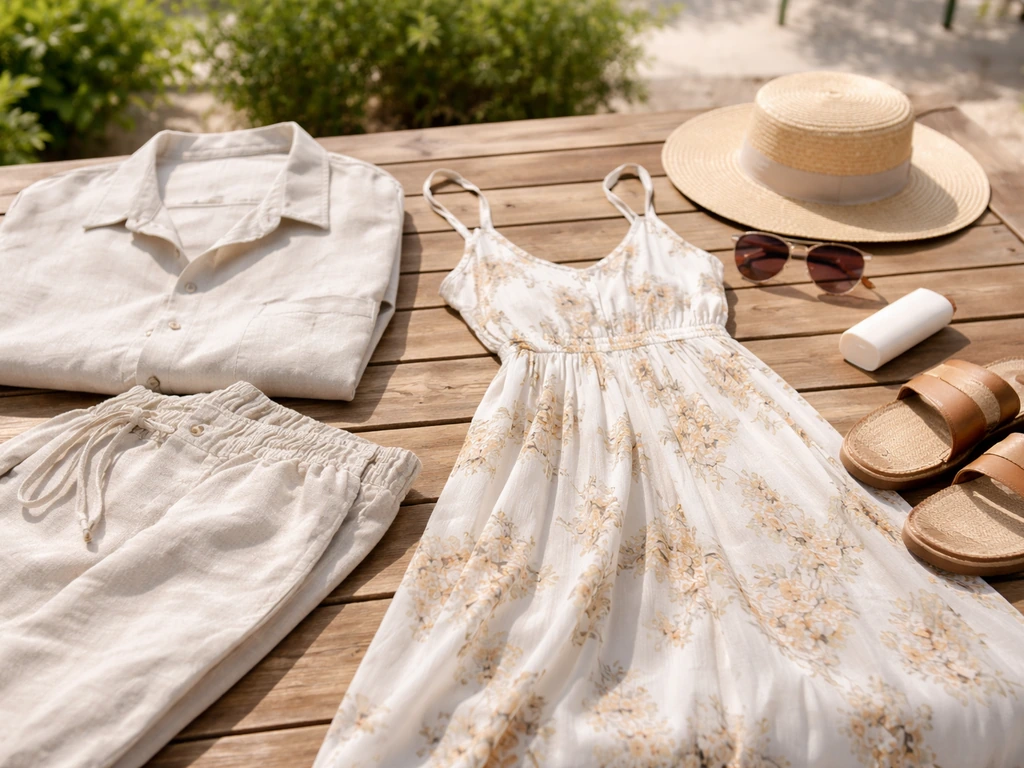 Hot sunny patio table styled with breathable linen clothes, sundress, straw hat, sunglasses, and sun-safe items.