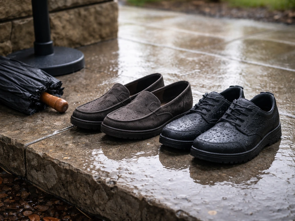 Water-resistant loafers beside wet stone patio with a nearby closed umbrella, showing traction-friendly footwear