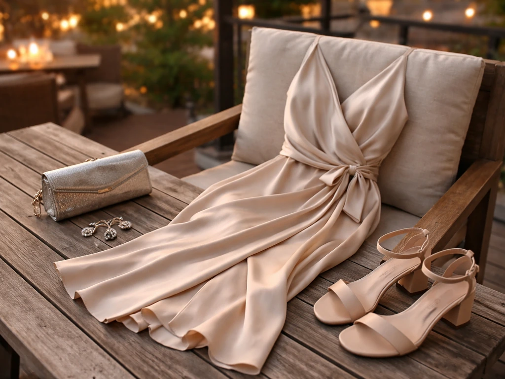 Flat-lay of an upscale date night outfit—wrap midi dress, heels, clutch, and drop earrings on a patio seat.