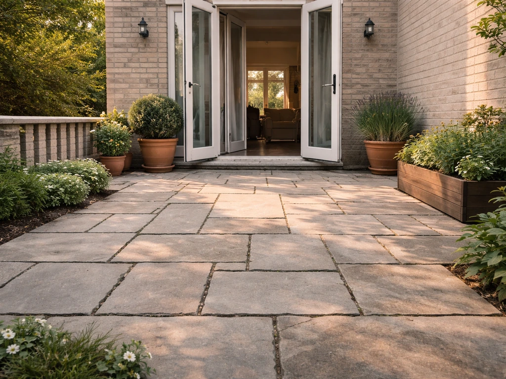 Patio pavé près d’une maison avec porte-fenêtre ouverte et accès depuis l’intérieur.