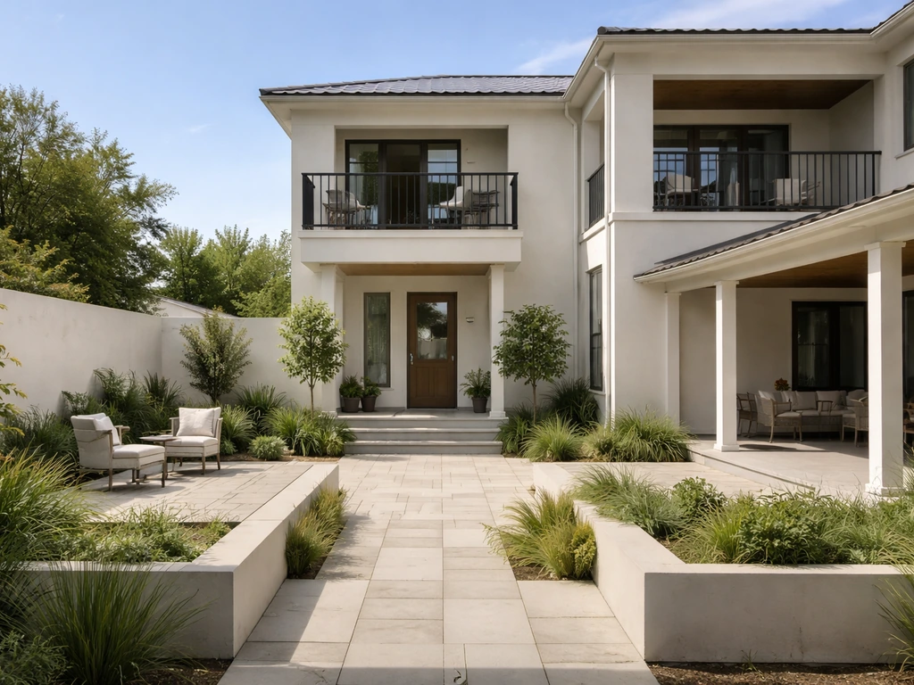 Minimal outdoor comparison scene showing ground-level and raised areas with roof, walls, and house attachment