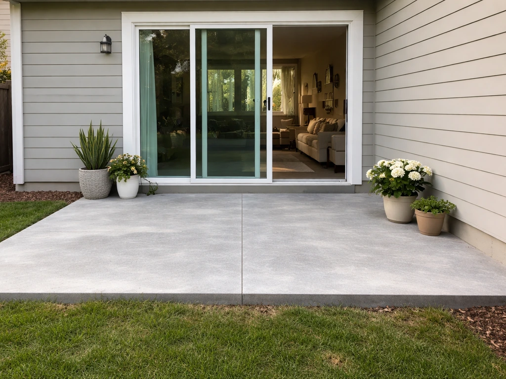 Back/side patio flush with the ground, connected to a home’s glass door with minimal plants.