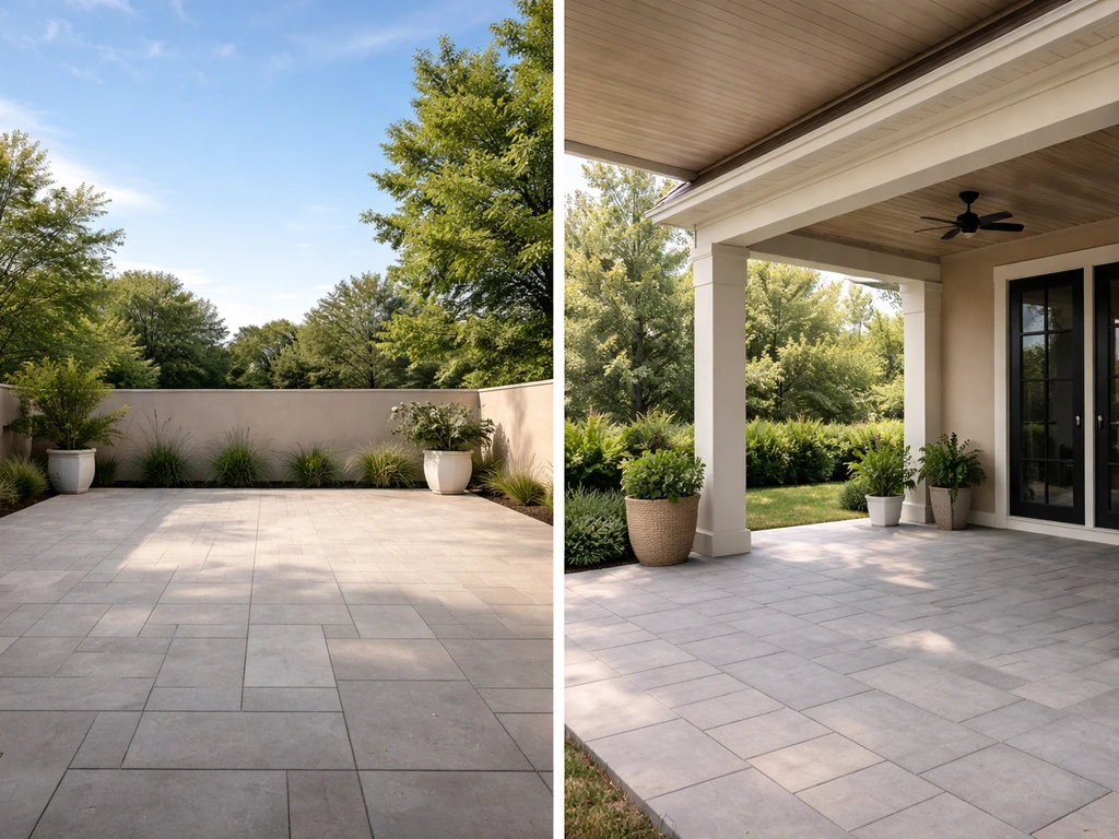 Real estate showing outdoor patio cues: uncovered hard ground with open sky, and a separate covered area.