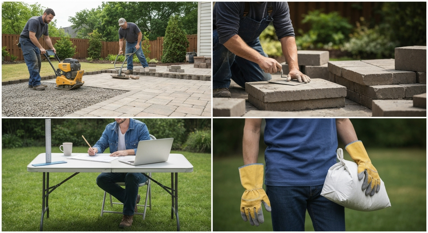 Collage showing a hardscape contractor compacting paver base, a mason laying brick, a landscape architect reviewing plans, and a homeowner handling paver materials — illustrating the different professionals who build patios.