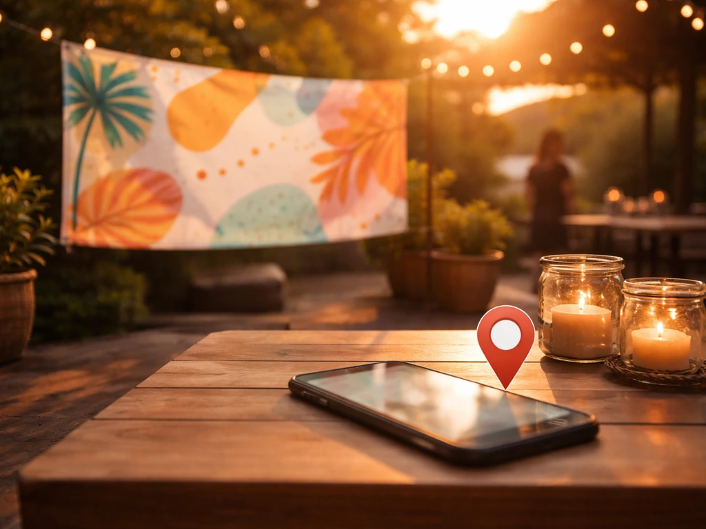 Golden-hour patio with an event banner and a map-style location marker for today’s Party on the Patio address