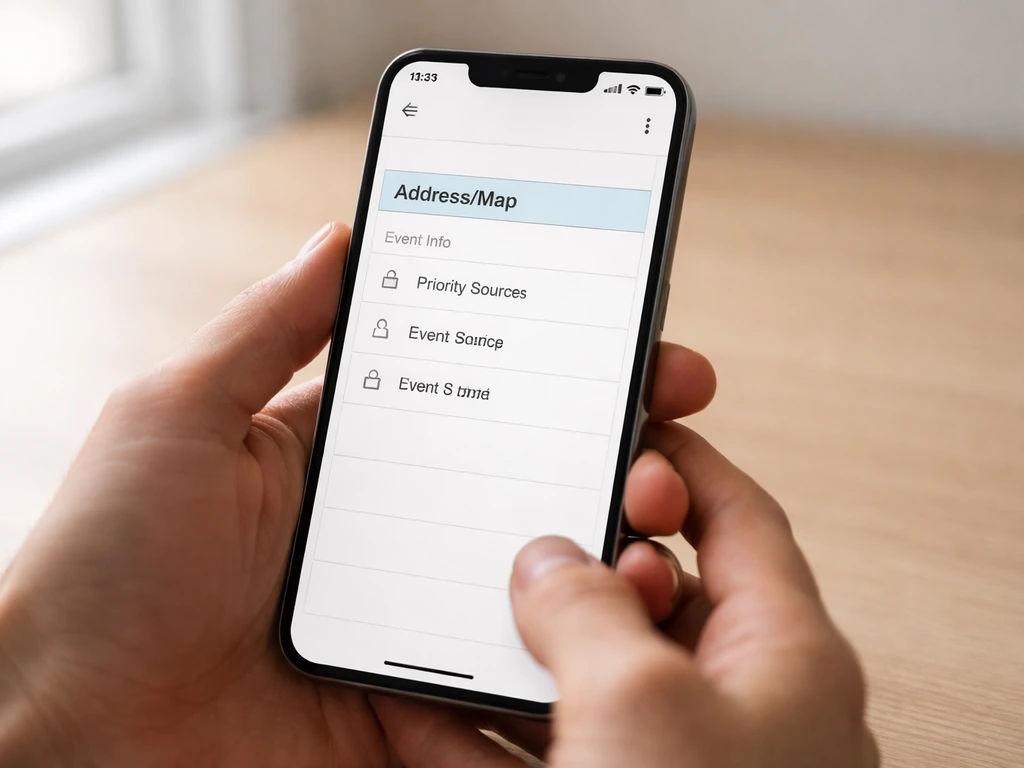 Minimal photo of a hand using a phone calendar app showing an event address field highlighted.