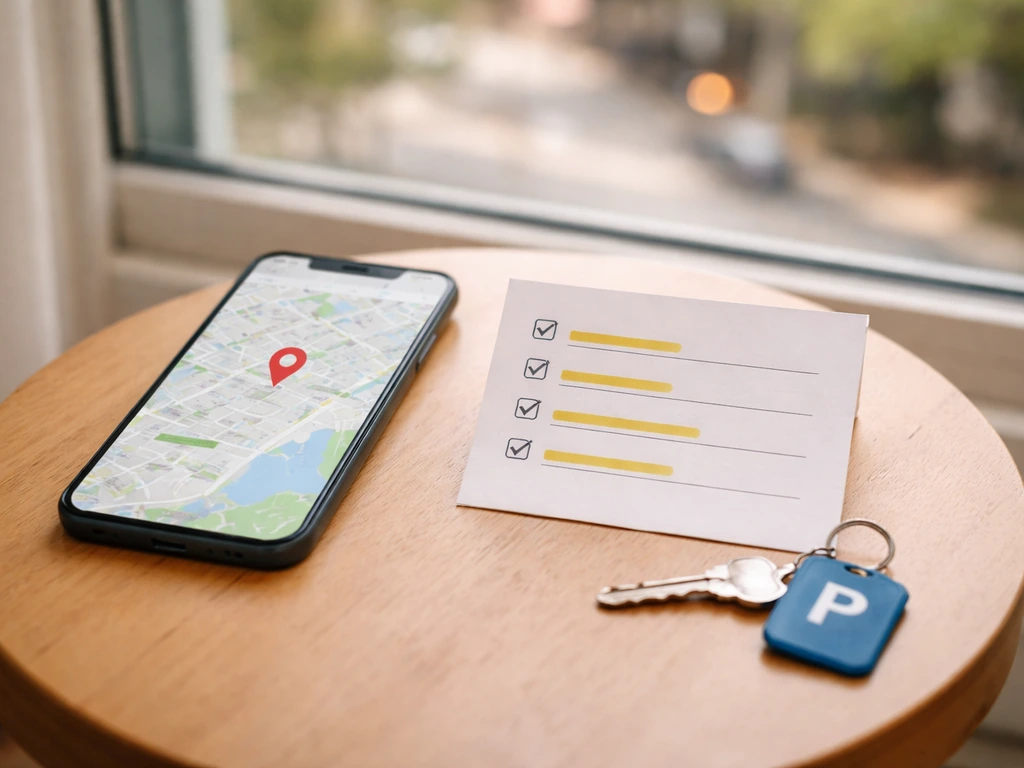 Smartphone with a generic map pin and a blank checklist card for address, time, parking, and accessibility.