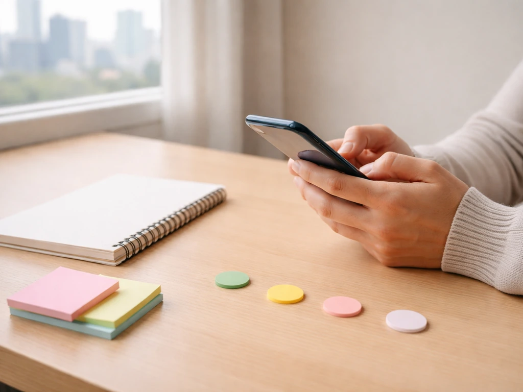 Minimal desk scene showing a smartphone and notebook with focus on systematic troubleshooting steps