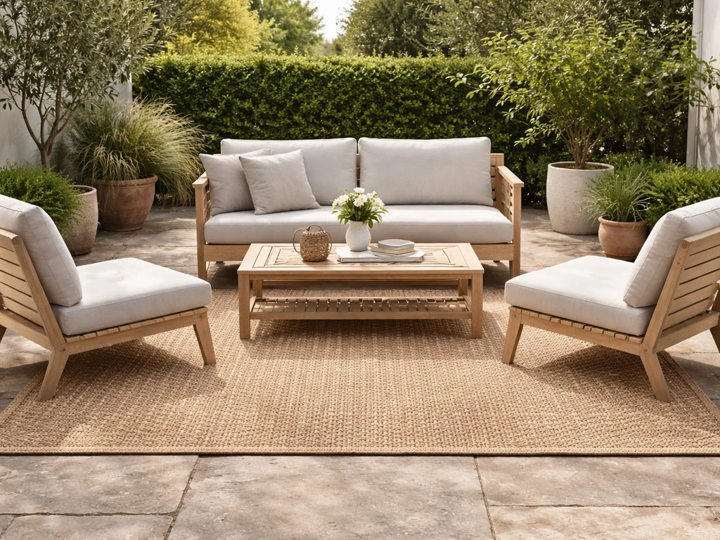 Sunlit outdoor patio seating area with a grounded patio rug as the focal element