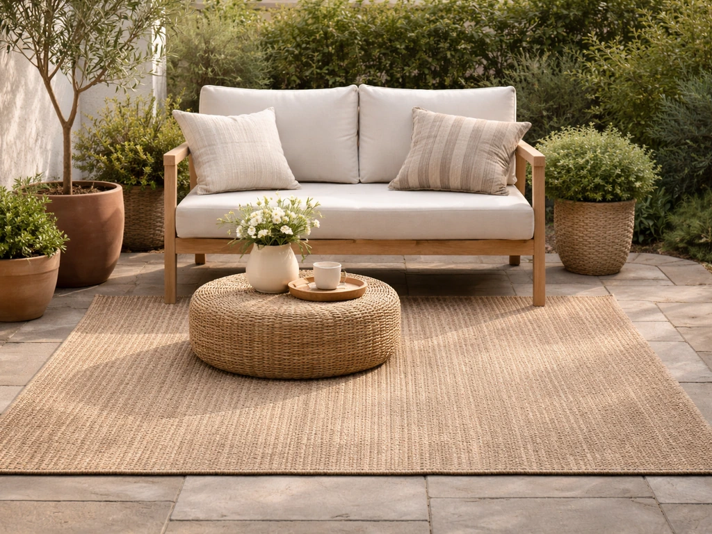 Outdoor seating on a patio with a woven rug defining the space and adding warmth.