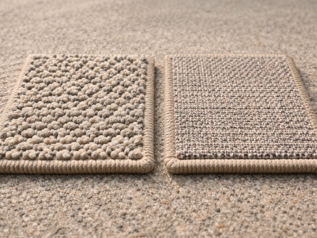 Close-up of patio rug fibers showing olefin and solution-dyed polyester weave and pile textures.