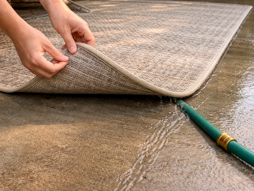 Hands lift an outdoor rug corner while water drains off a slightly sloped patio under a running hose.