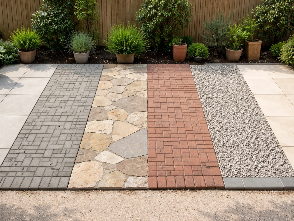 Wide patio materials collage showing concrete, pavers, stone, brick, gravel, and tile in sections of a backyard.