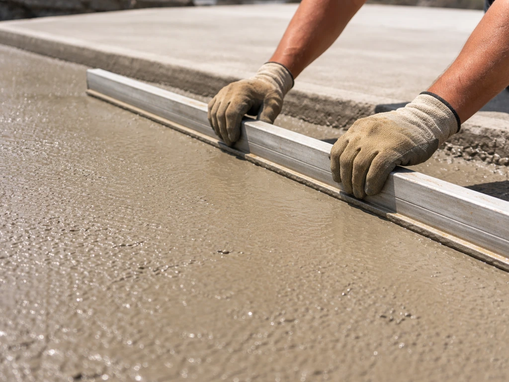 Freshly poured concrete patio surface being leveled, showing wet texture and visible aggregate