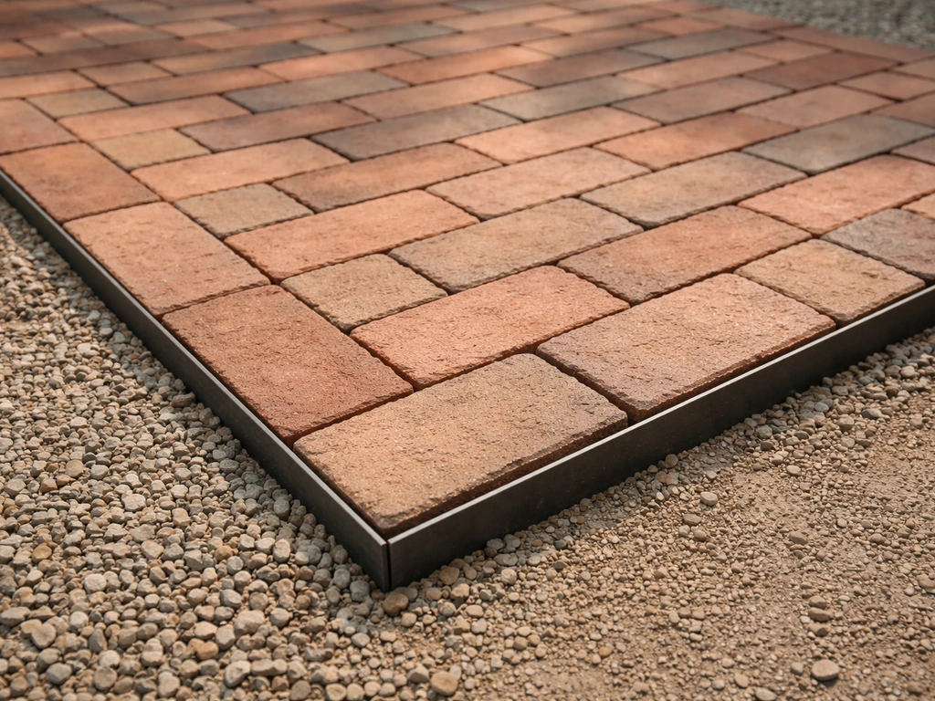 Close-up of a brick patio pattern on gravel base with sand bedding and edge restraint