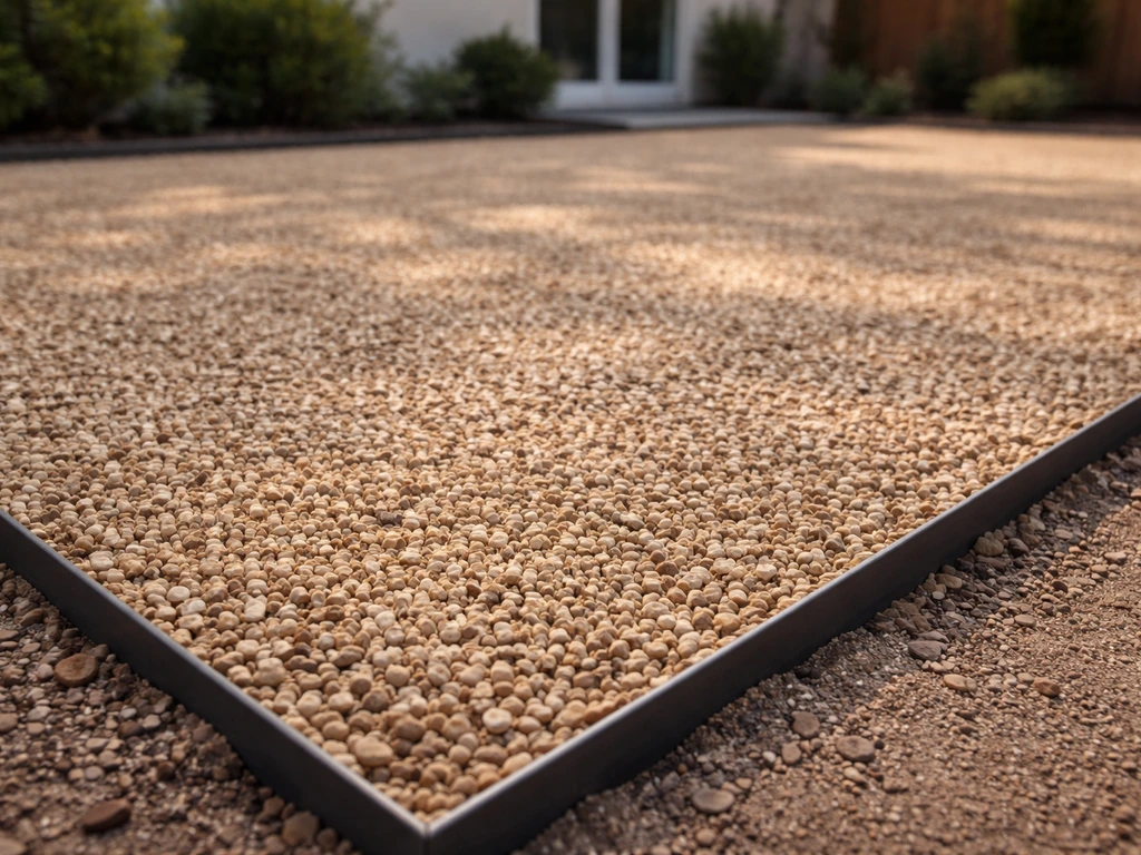 Close-up of a gravel patio surface with edging holding pea gravel or decomposed granite.