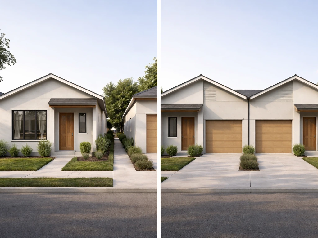 Minimal side-by-side view of a detached patio home and an attached townhome showing a shared wall