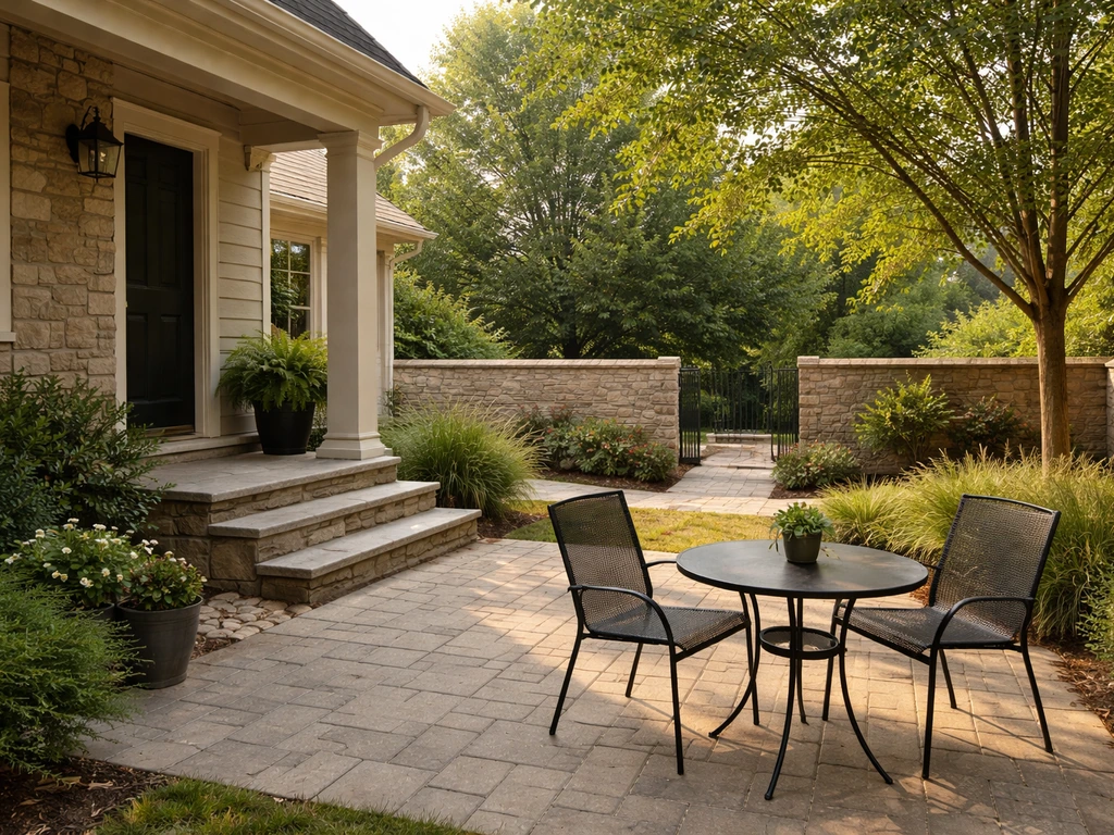 Detached patio home exterior with an open patio, covered porch, and small courtyard wall in one view.