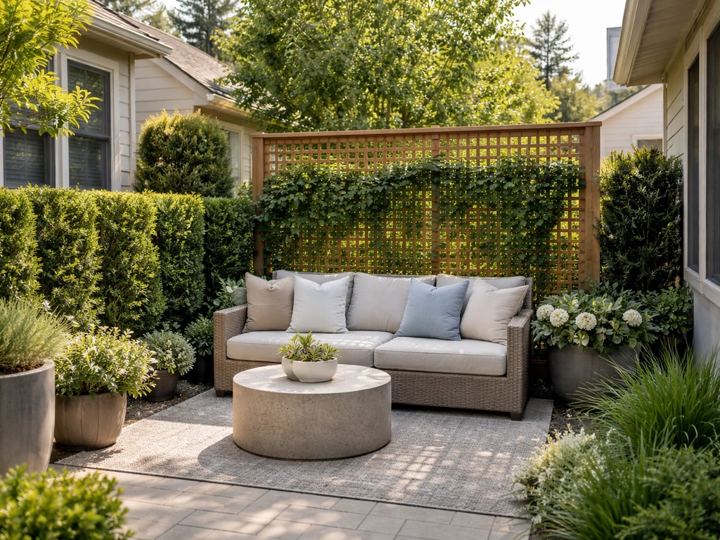 Private detached patio with privacy screening and lush landscaping blocking views to neighboring homes.