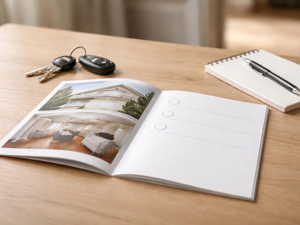 Close-up of a real-estate listing brochure and a key fob on a desk with a blank notepad