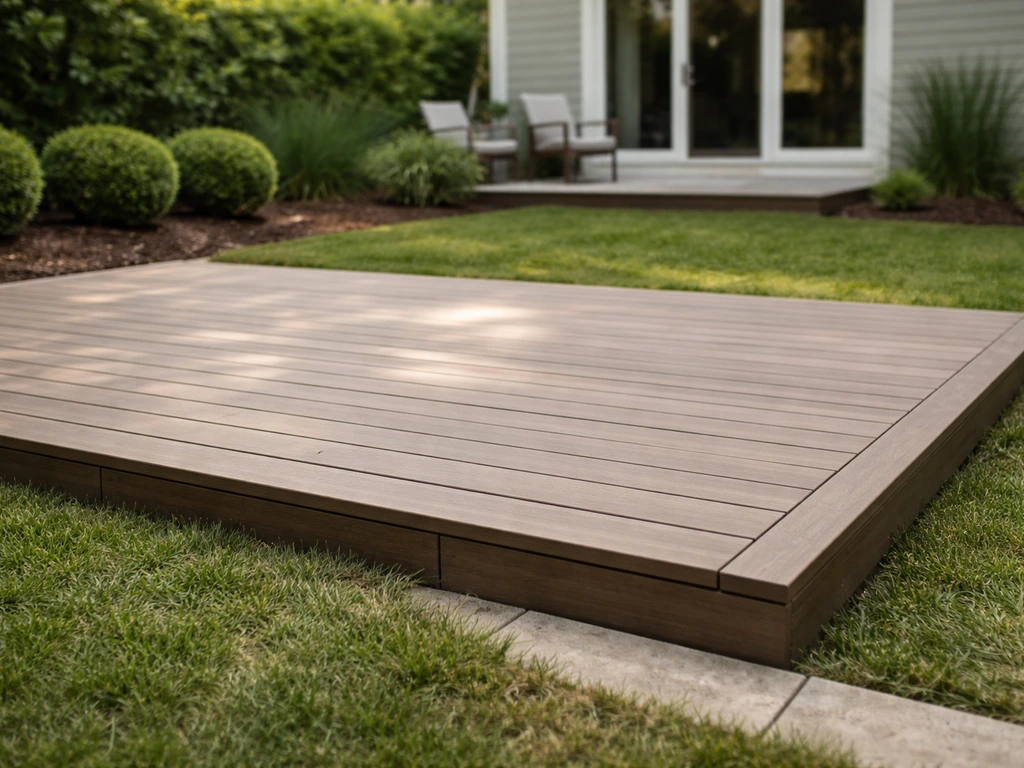 At-grade backyard patio deck with visible wood boards, subtle steps, and surrounding landscaping