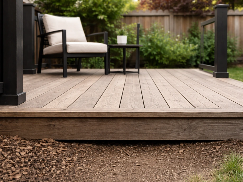 Near-ground backyard deck with visible wood decking boards and simple outdoor seating