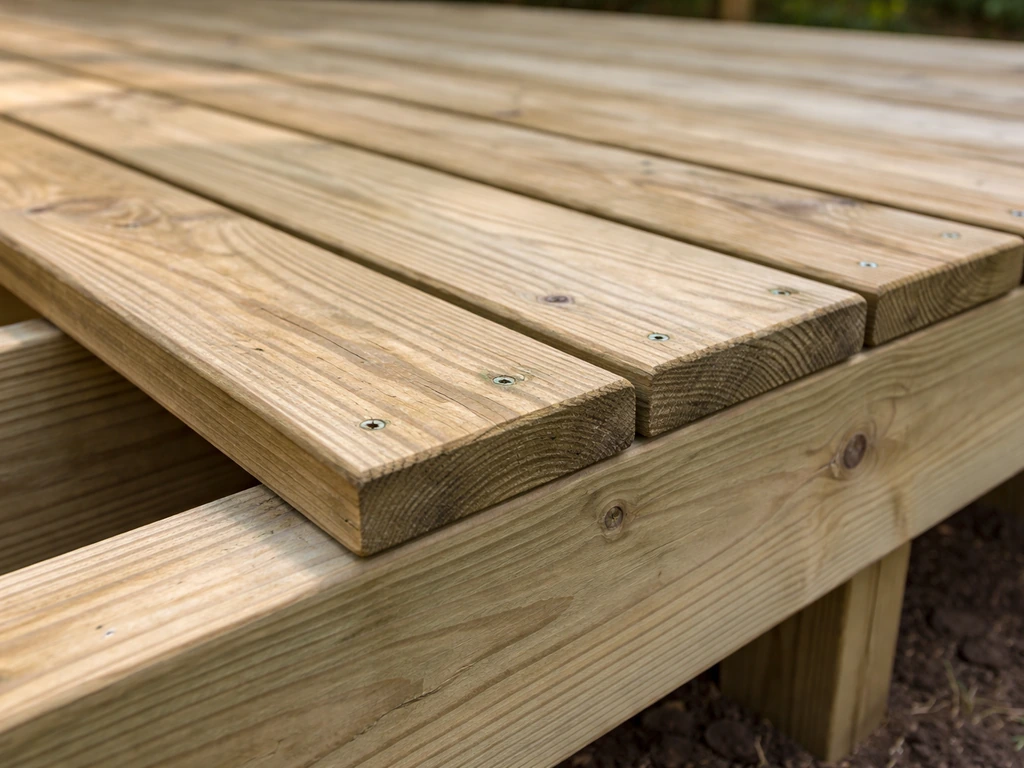 Close-up of pressure-treated deck boards and supporting wood framing in natural outdoor light.