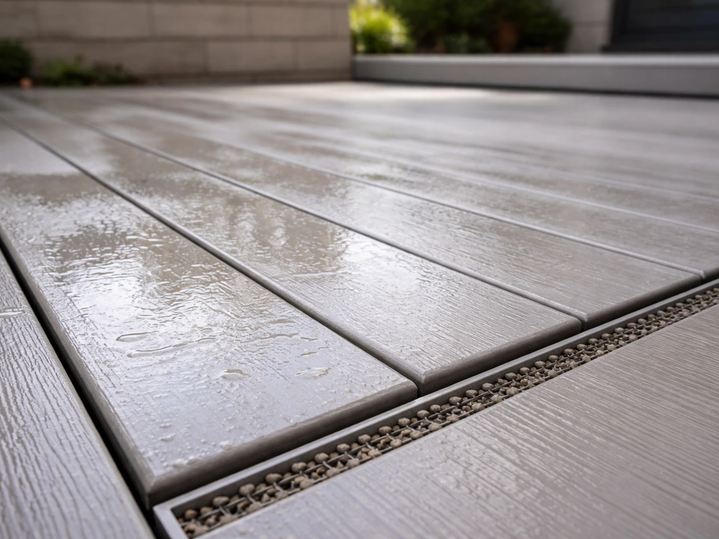 Close-up of installed PVC/vinyl deck boards with smooth, no-wood-fiber texture near a patio drain area.