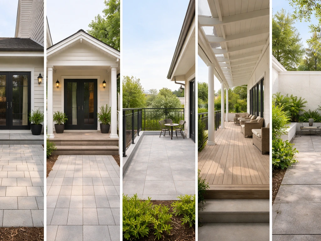 Split-style photo showing patio, porch, balcony, verandah, and courtyard with different roof heights
