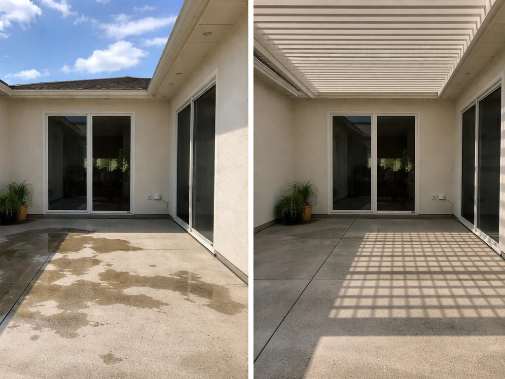 Home exterior with an uncovered patio open to sky and a covered patio under a pergola beside it.