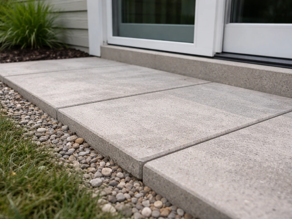 Close-up of a hard-surfaced patio area beside a back door with level step and outdoor drainage detail