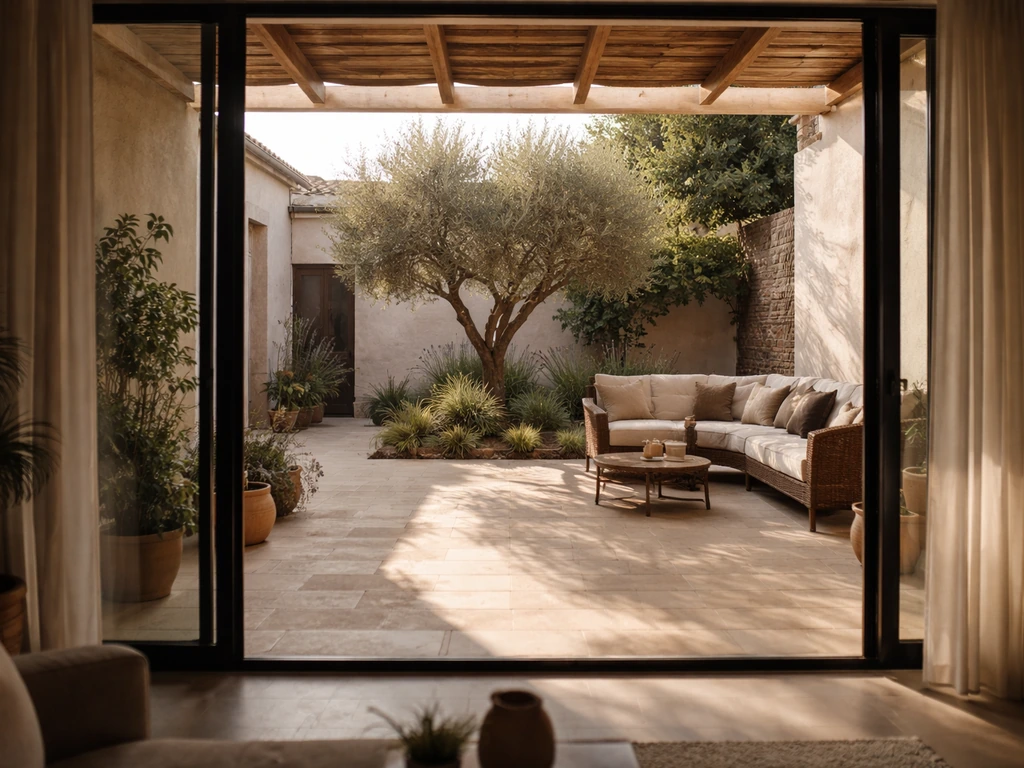 Mediterran inspiriertes Haus mit offenem Innenhof-Patio auf Geländeniveau, Blick vom Wohnbereich