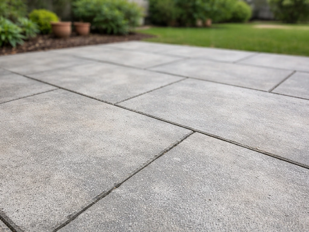 Nahaufnahme eines befestigten Patio-Belags aus Betonplatten mit sichtbaren Fugen und Textur.