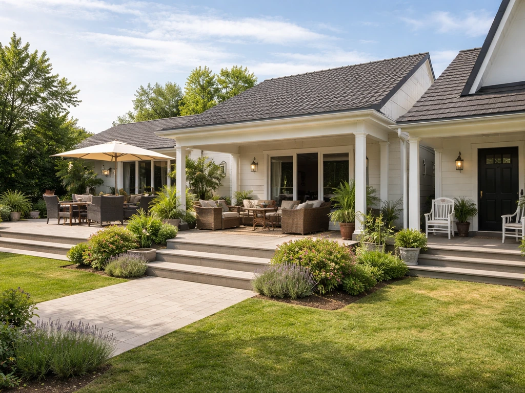 Four distinct outdoor spaces side by side showing different heights and roof coverage: patio, terrace, verandah, porch.
