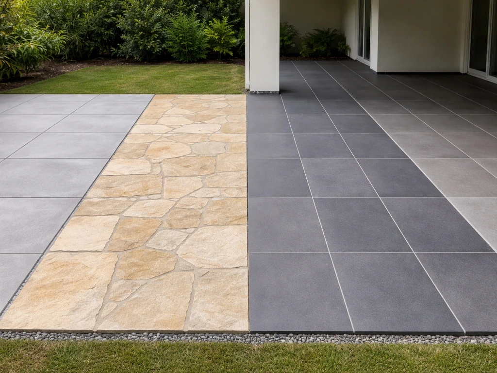 Side-by-side patio surfaces showing concrete, natural stone, and tiles, with an open and covered area.