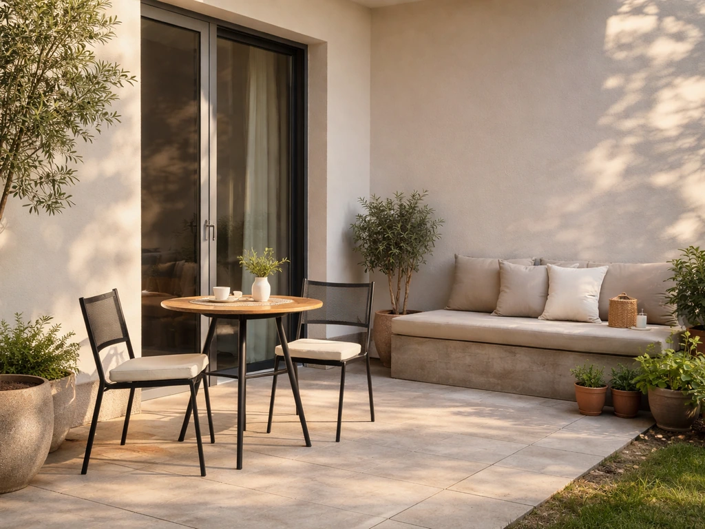 Attached outdoor patio with seating and dining set beside a home, calm morning light