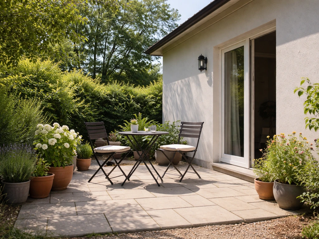 A minimal ground-level outdoor patio with paver floor, seating, and open sky beside a house