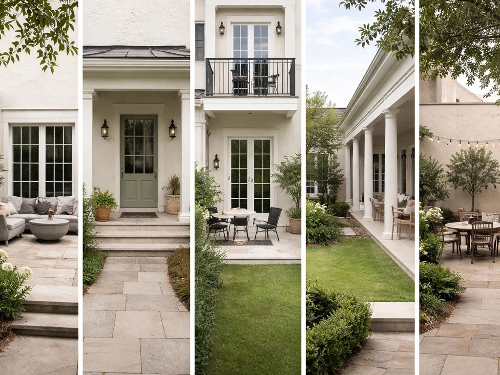 A single photo comparing five outdoor spaces—patio, porch, balcony, verandah, and courtyard—shown side by side without t