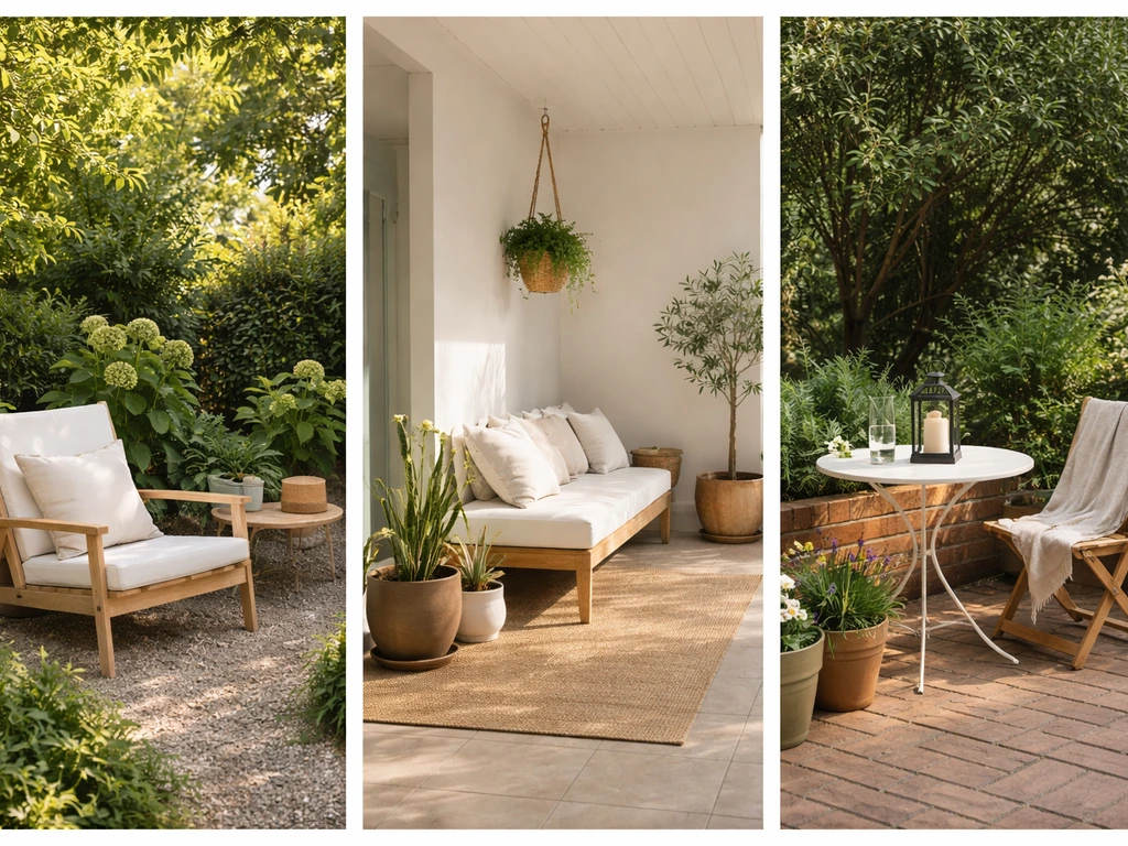 Three simple patio scenes side by side: garden patio, covered tiled patio, and brick patio with greenery