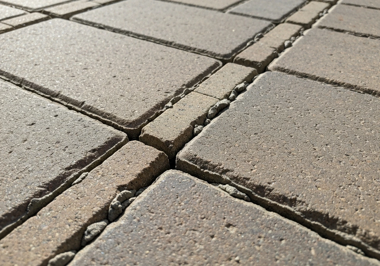 Close-up patio paving with visible mortar joints, showing intact and worn failing pointing between stones.