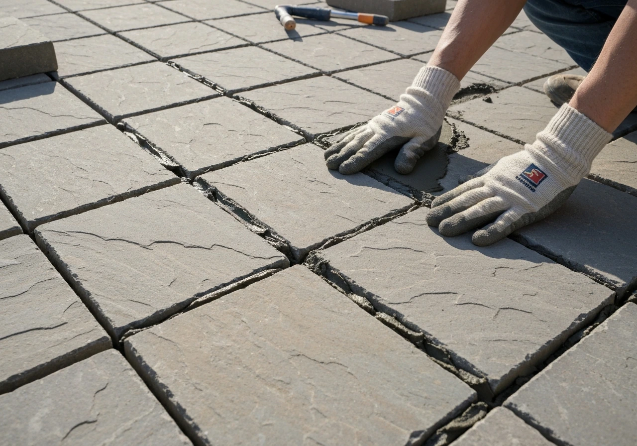 Gloved hands press dark mortar into the joints between patio paving stones to show pointing.