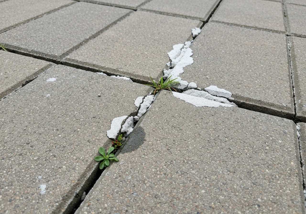 Close-up of patio paver joints with crumbling mortar, weeds, and slight damp seepage near edges.