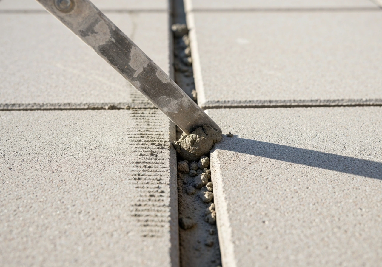 Close-up of patio paving joints being raked out with old mortar removed between blocks