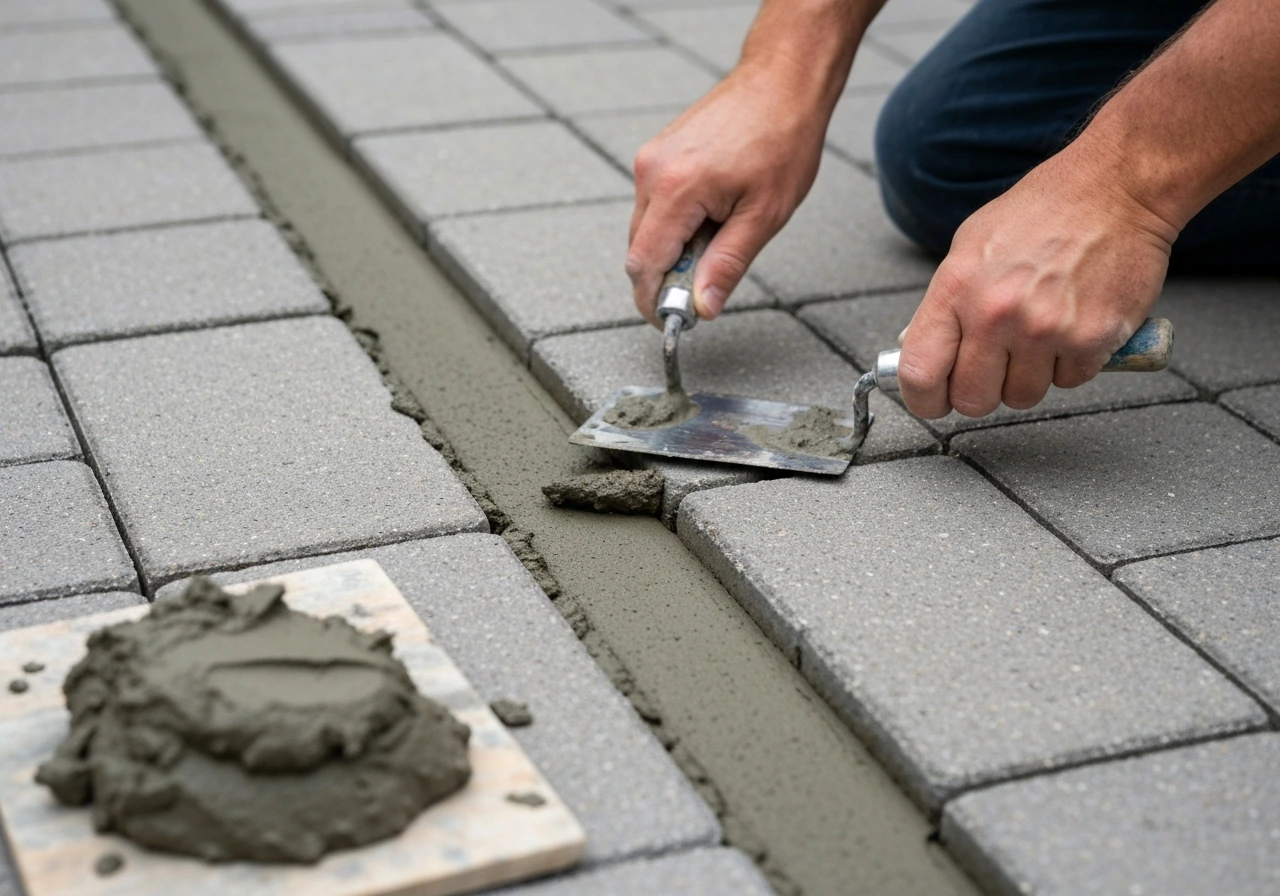 Close-up of fresh mortar pointing mix being packed into patio joints with a trowel, clean outdoor paving.