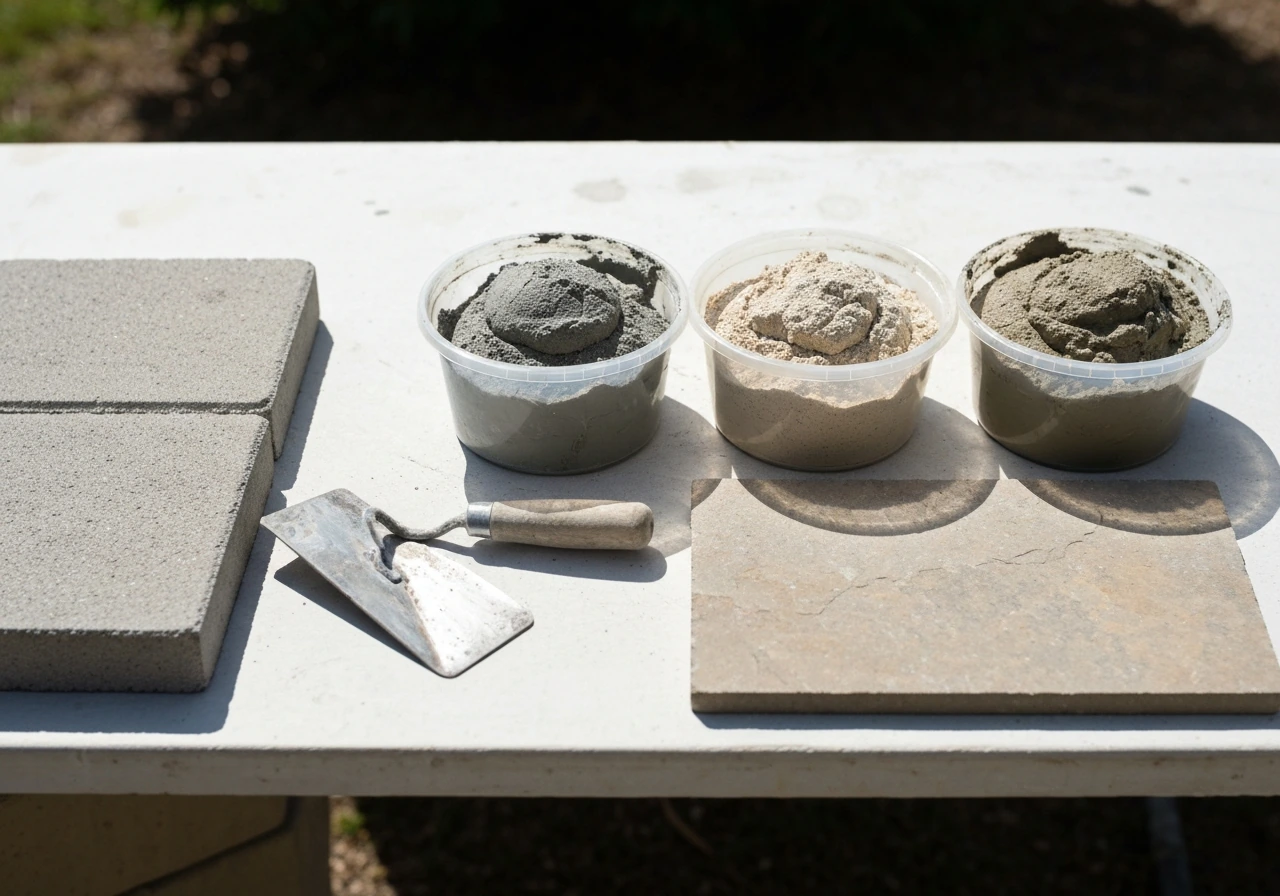 Different mortar mixes beside concrete paver and natural stone samples, with a trowel in view.
