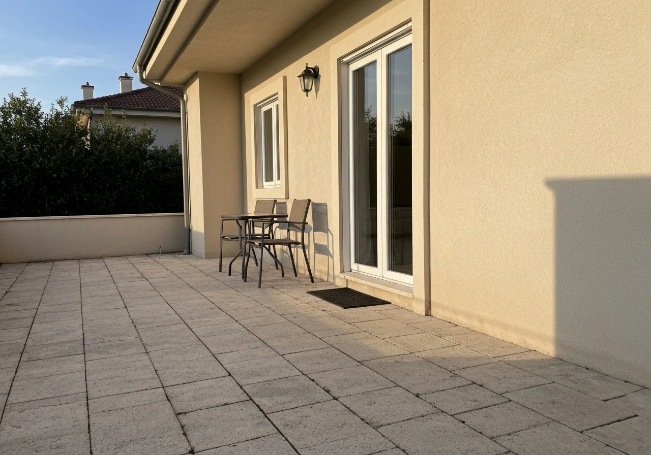 Uncovered stone patio with simple seating beside a home exterior in natural sunlight.