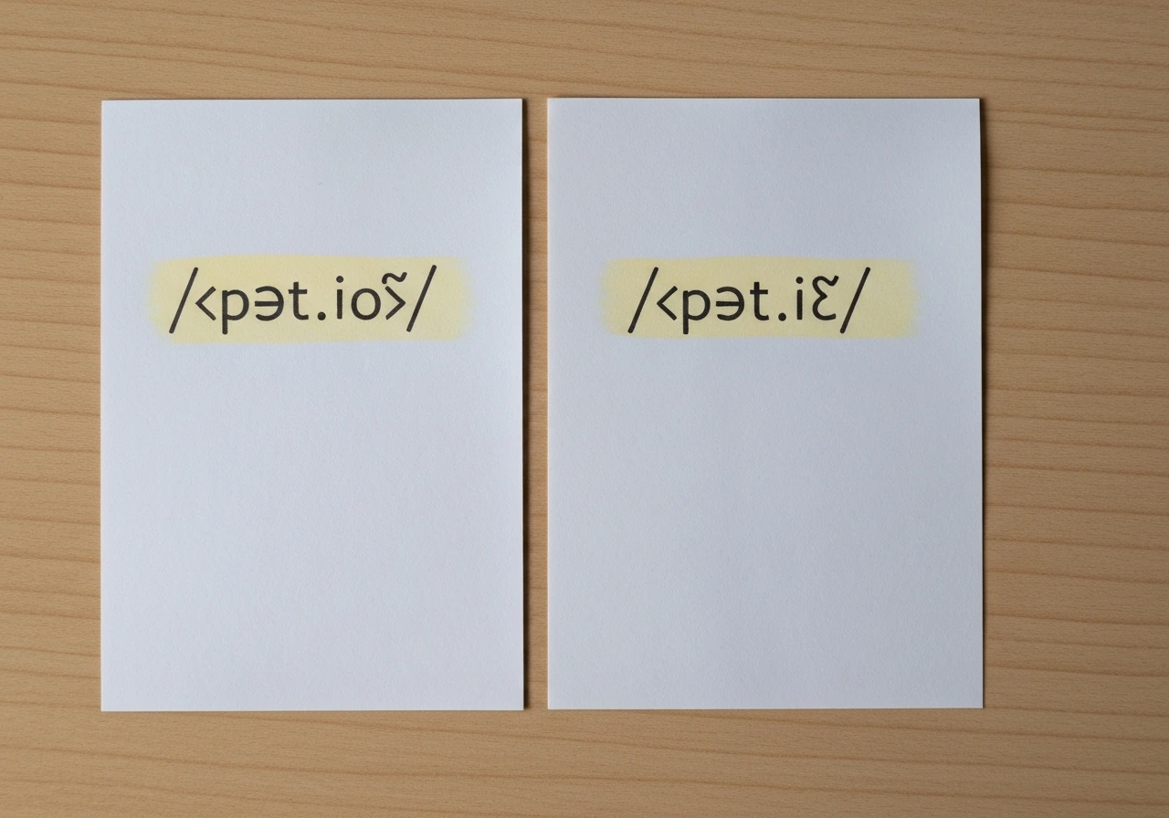 Minimal close-up of two speech bubbles with highlighted syllables showing US and UK IPA pronunciations