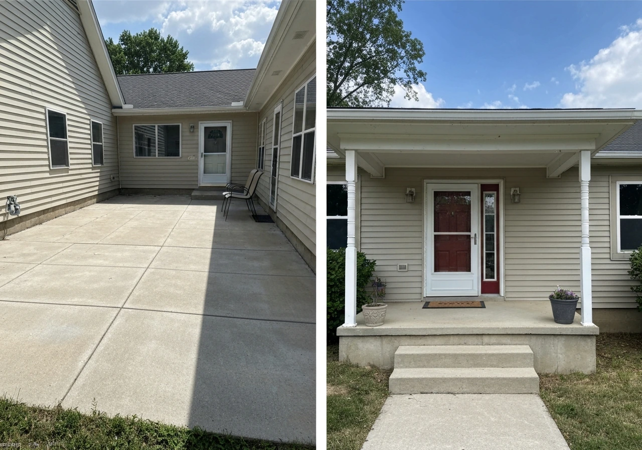 Split view: uncovered patio on the left and roofed porch attached to a front door on the right.
